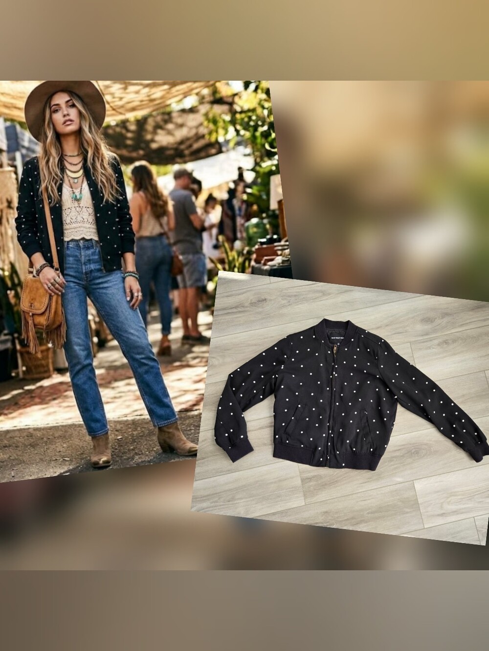 WHO WHAT WEAR | Black and White Polka Dot Bomber Jacket, Sz Medium